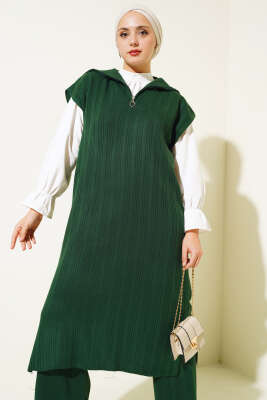 Fitilli Yakası Yarım Fermuarlı Triko Takım Zümrüt - Triko İkili Takım