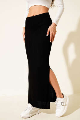 Fitilli Yan Yırtmaçlı Triko Etek Siyah - Yılın Fırsatı