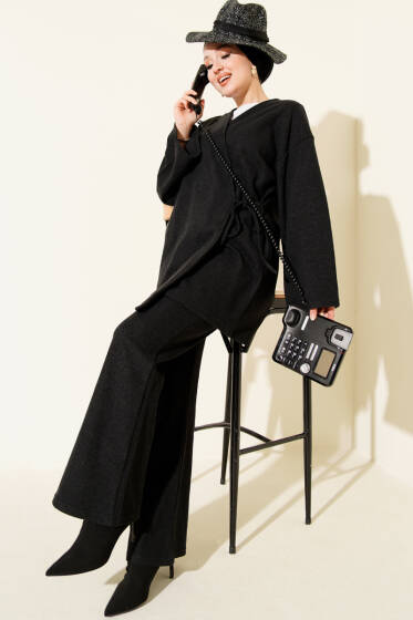 Fitilli Yandan İp Bağcıklı Kaşe İkili Takım Antrasit - İkili Takım