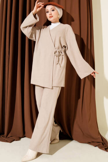 Fitilli Yandan İp Bağcıklı Kaşe İkili Takım Bej - İkili Takım