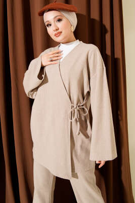 Fitilli Yandan İp Bağcıklı Kaşe İkili Takım Bej - İkili Takım