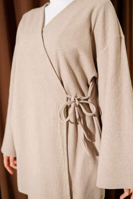 Fitilli Yandan İp Bağcıklı Kaşe İkili Takım Bej - İkili Takım