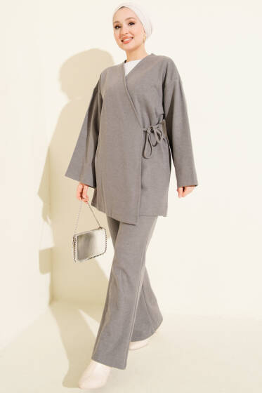 Fitilli Yandan İp Bağcıklı Kaşe İkili Takım Gri - İkili Takım