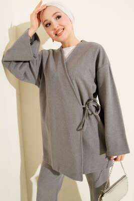 Fitilli Yandan İp Bağcıklı Kaşe İkili Takım Gri - İkili Takım