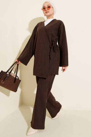 Fitilli Yandan İp Bağcıklı Kaşe İkili Takım Kahve - İkili Takım