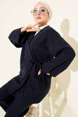 Fitilli Yandan İp Bağcıklı Kaşe İkili Takım Lacivert - İkili Takım