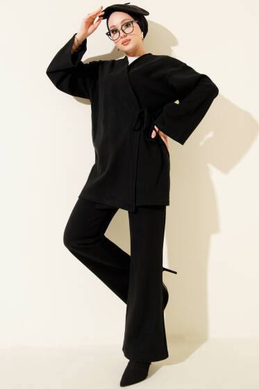 Fitilli Yandan İp Bağcıklı Kaşe İkili Takım Siyah - İkili Takım