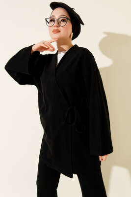 Fitilli Yandan İp Bağcıklı Kaşe İkili Takım Siyah - İkili Takım