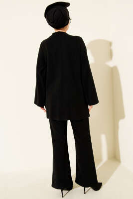 Fitilli Yandan İp Bağcıklı Kaşe İkili Takım Siyah - İkili Takım