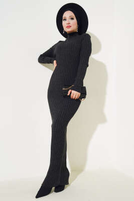 Fitilli Yarım Balıkçı Triko Elbise Antrasit - Tesettür Elbise