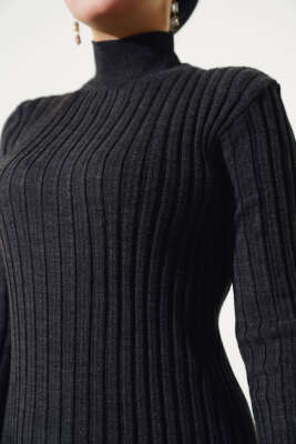 Fitilli Yarım Balıkçı Triko Elbise Antrasit - Tesettür Elbise