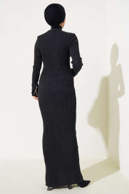 Fitilli Yarım Balıkçı Triko Elbise Antrasit - Tesettür Elbise