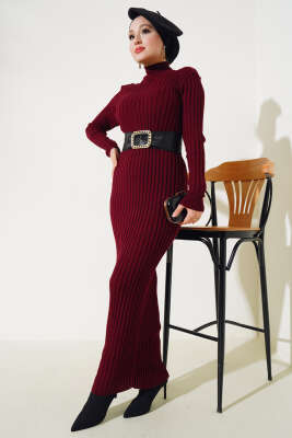 Fitilli Yarım Balıkçı Triko Elbise Bordo - Tesettür Elbise