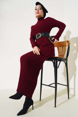 Fitilli Yarım Balıkçı Triko Elbise Bordo - Tesettür Elbise