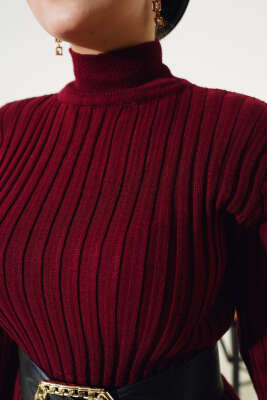 Fitilli Yarım Balıkçı Triko Elbise Bordo - Tesettür Elbise