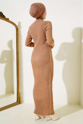 Fitilli Yarım Balıkçı Triko Elbise Büsküvi - Tesettür Elbise