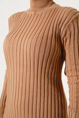 Fitilli Yarım Balıkçı Triko Elbise Büsküvi - Tesettür Elbise