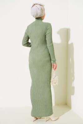 Fitilli Yarım Balıkçı Triko Elbise Çağla Yeşili - Tesettür Elbise