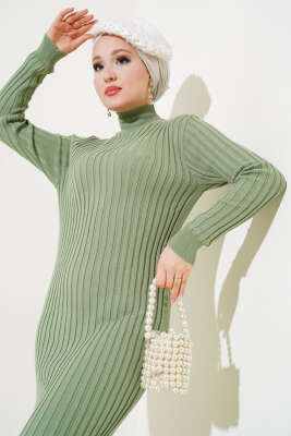 Fitilli Yarım Balıkçı Triko Elbise Çağla Yeşili - Tesettür Elbise
