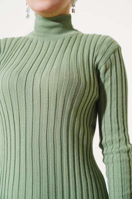 Fitilli Yarım Balıkçı Triko Elbise Çağla Yeşili - Tesettür Elbise