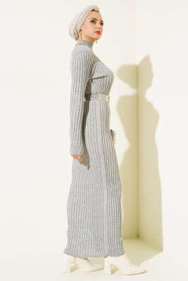 Fitilli Yarım Balıkçı Triko Elbise Gri - Tesettür Elbise