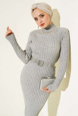 Fitilli Yarım Balıkçı Triko Elbise Gri - Tesettür Elbise