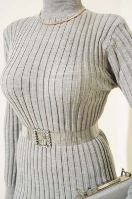 Fitilli Yarım Balıkçı Triko Elbise Gri - Tesettür Elbise