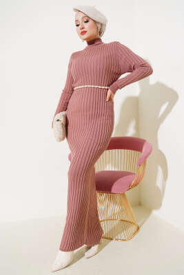 Fitilli Yarım Balıkçı Triko Elbise Gül Kurusu - Tesettür Elbise