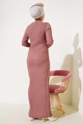 Fitilli Yarım Balıkçı Triko Elbise Gül Kurusu - Tesettür Elbise