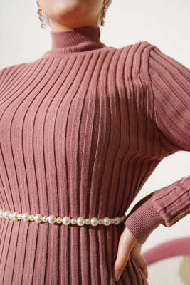 Fitilli Yarım Balıkçı Triko Elbise Gül Kurusu - Tesettür Elbise