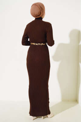 Fitilli Yarım Balıkçı Triko Elbise Kahve - Tesettür Elbise