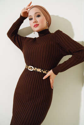 Fitilli Yarım Balıkçı Triko Elbise Kahve - Tesettür Elbise