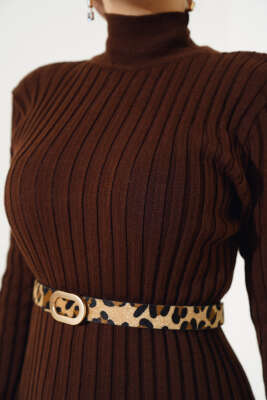 Fitilli Yarım Balıkçı Triko Elbise Kahve - Tesettür Elbise