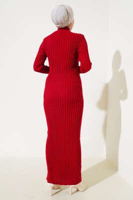 Fitilli Yarım Balıkçı Triko Elbise Kırmızı - Tesettür Elbise