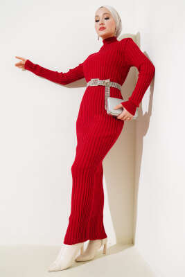 Fitilli Yarım Balıkçı Triko Elbise Kırmızı - Tesettür Elbise