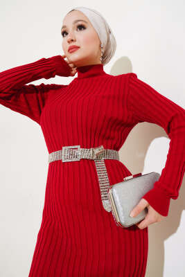 Fitilli Yarım Balıkçı Triko Elbise Kırmızı - Tesettür Elbise