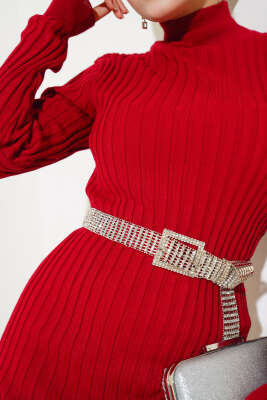 Fitilli Yarım Balıkçı Triko Elbise Kırmızı - Tesettür Elbise