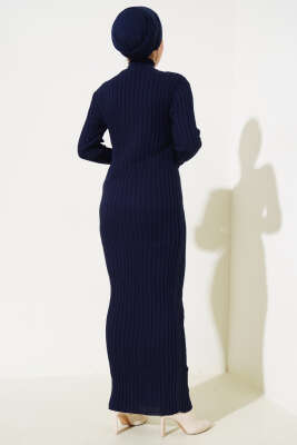 Fitilli Yarım Balıkçı Triko Elbise Lacivert - Tesettür Elbise