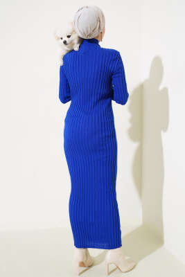 Fitilli Yarım Balıkçı Triko Elbise Saks - Tesettür Elbise