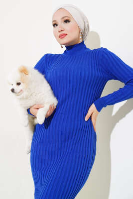 Fitilli Yarım Balıkçı Triko Elbise Saks - Tesettür Elbise