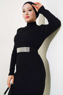 Fitilli Yarım Balıkçı Triko Elbise Siyah - Tesettür Elbise