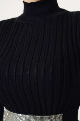 Fitilli Yarım Balıkçı Triko Elbise Siyah - Tesettür Elbise