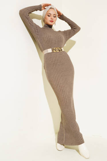 Fitilli Yarım Balıkçı Triko Elbise Vizon - Elbise