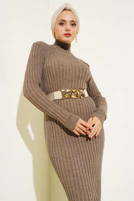 Fitilli Yarım Balıkçı Triko Elbise Vizon - Tesettür Elbise