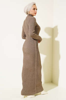 Fitilli Yarım Balıkçı Triko Elbise Vizon - Tesettür Elbise