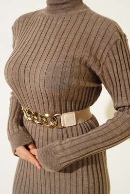 Fitilli Yarım Balıkçı Triko Elbise Vizon - Tesettür Elbise