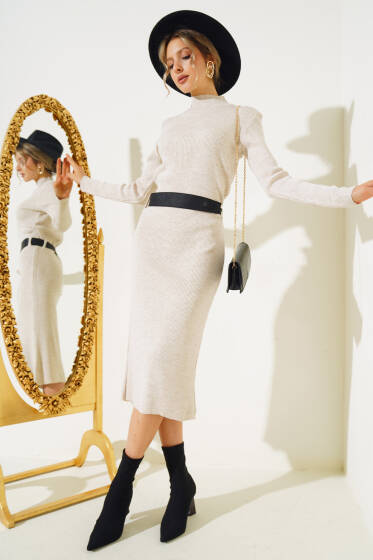 Fitilli Yarım Boğazlı Triko Midi Elbise Bej - Triko