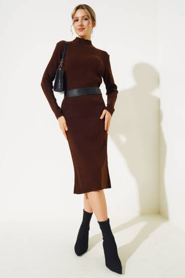 Fitilli Yarım Boğazlı Triko Midi Elbise Kahve - Triko