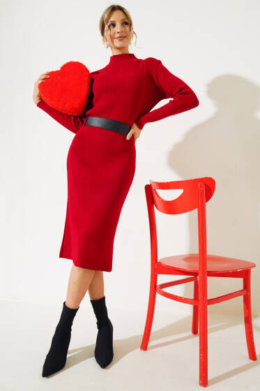Fitilli Yarım Boğazlı Triko Midi Elbise Kırmızı - Triko