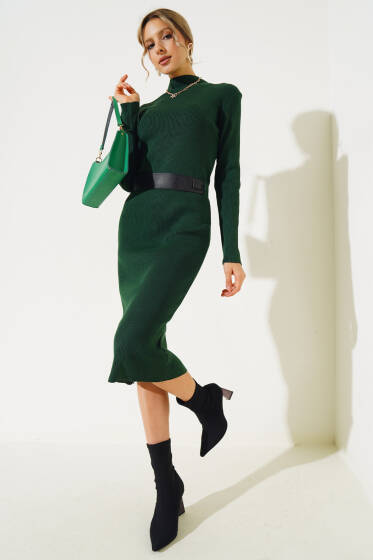 Fitilli Yarım Boğazlı Triko Midi Elbise Zümrüt - Triko